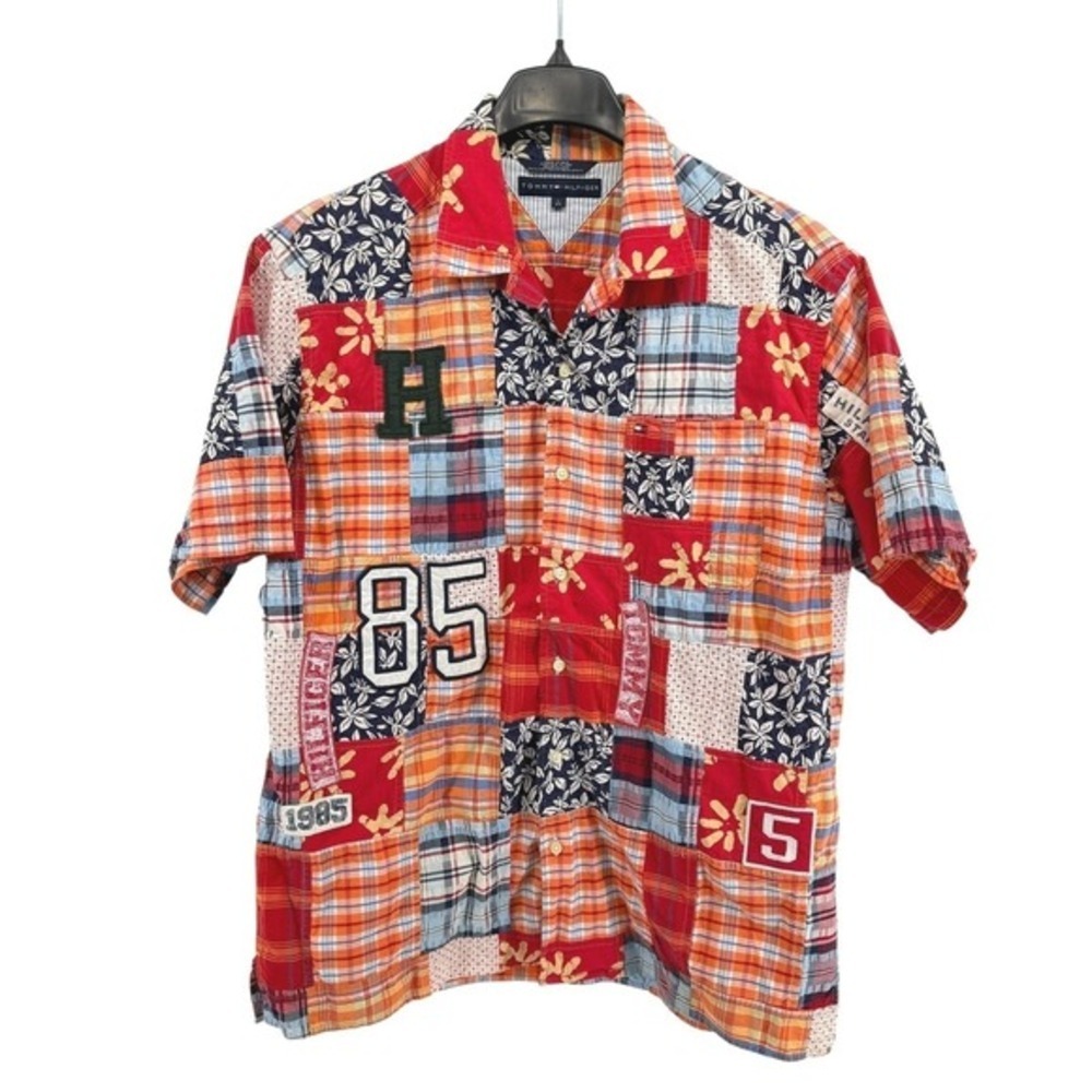Tommy Hilfiger Mens Large Pre-Owned Shirt Red MultiColor Patchwork Varsity Plaid